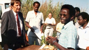 Robert Mwanga站在一群红薯种植者中。