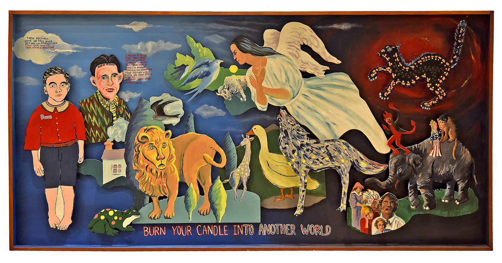 这幅由霍华德·芬斯特（Howard Finster）和山湖工作室的其他参与者共同创作的作品《燃烧你的蜡烛进入另一个世界》，描绘了人、天使和动物。