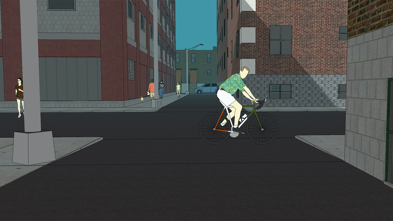 街道交叉点的计算机图象与直接前进的自行车骑士和在左边的慢跑者