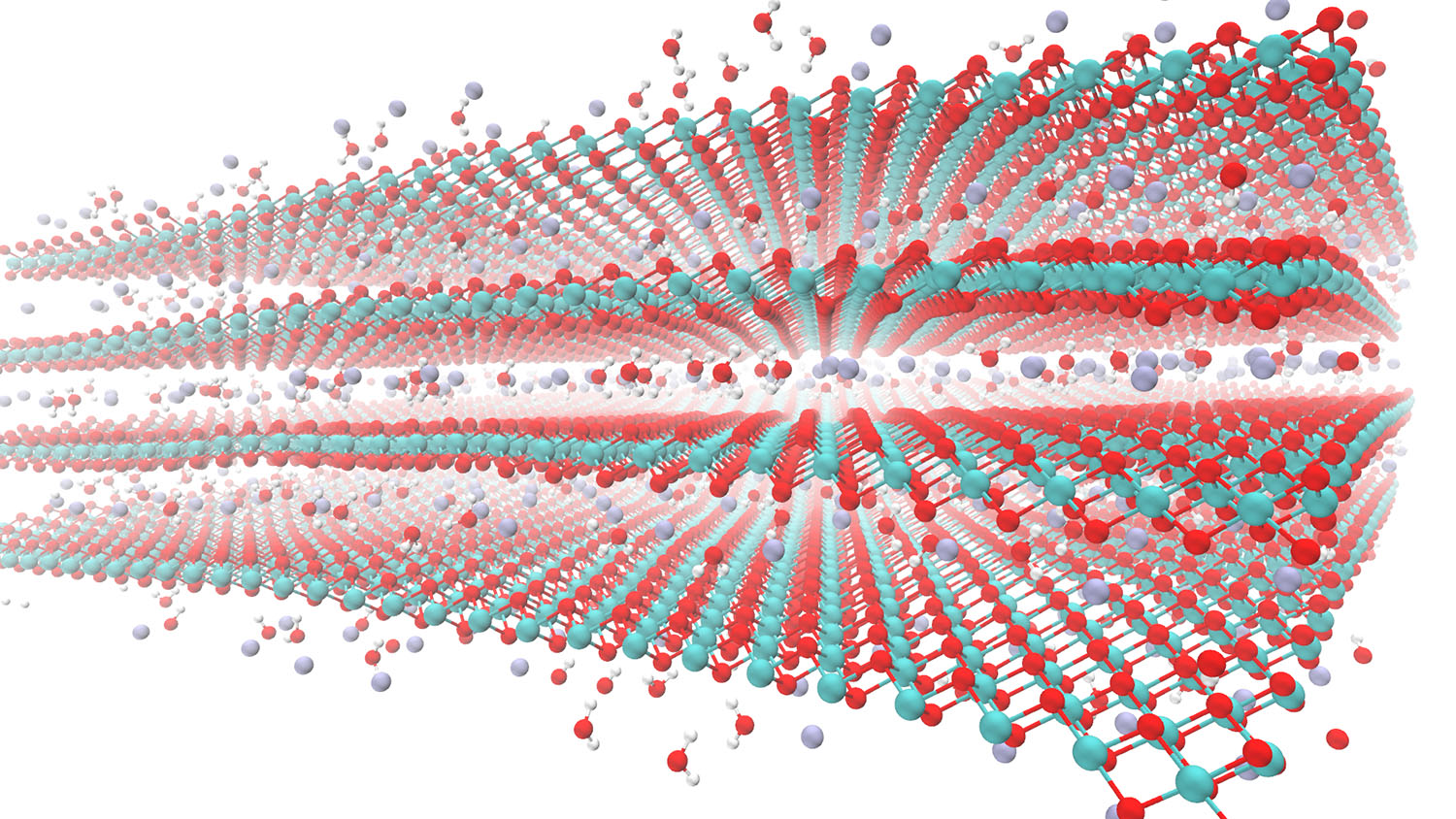 这张图片显示了水分子(红色的氧分子，两个白色的氢分子)和钾离子(深蓝色/淡紫色)在外层和层间的物质水钠石。