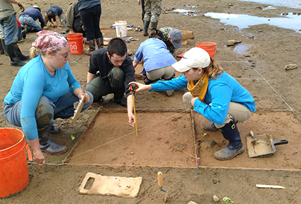 北卡罗来纳州立大学的学生准备挖掘。顺时针方向——希瑟·帕克森(研究生);伊恩Beggan(本科);乔丹·卡里斯(研究生)。照片来源:Jeanette Cole。点击放大。