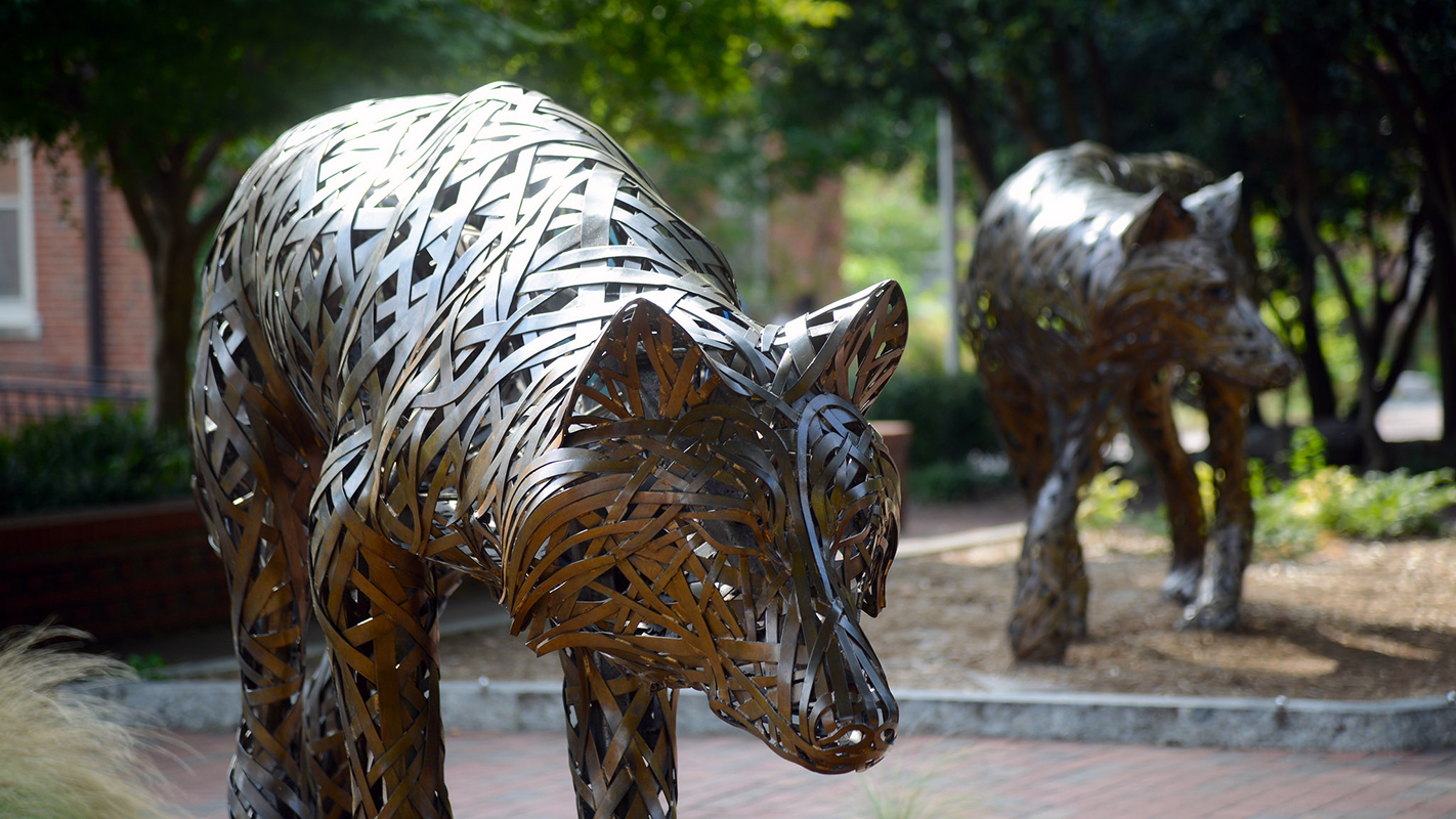 北卡罗来纳州校园狼广场的两只铜狼。