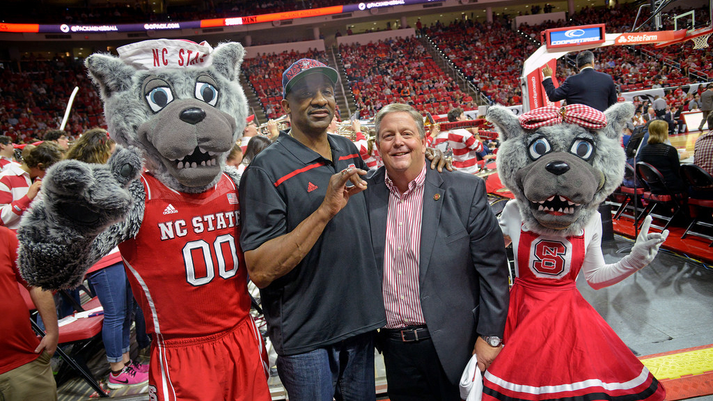 Randy Ramsey with Mr. and Ms. Wuf and NC State basketball legend David Thompson.