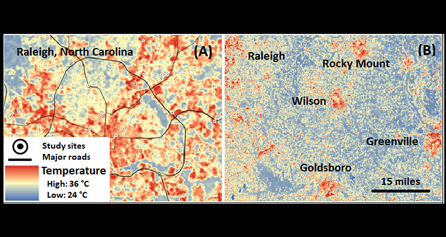地图显示Raleigh和其他几个NC.城市的城市热群岛。