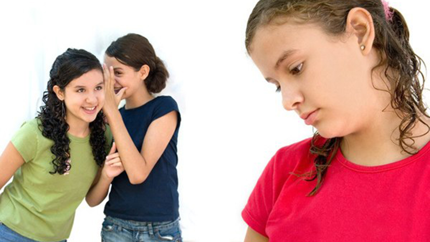 two girls laughing behind another girl's back
