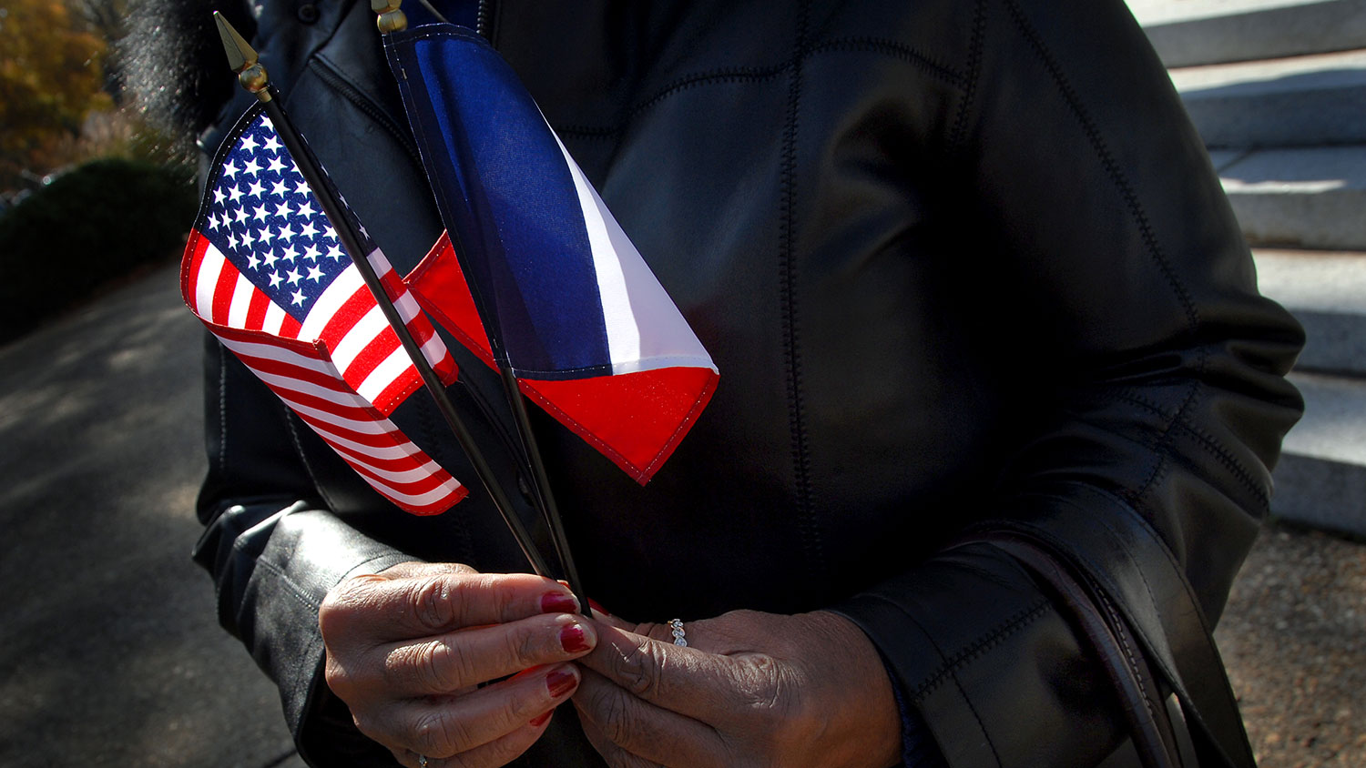拿着在退伍军人日的手美国和法国旗子