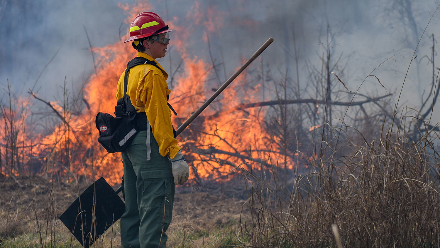 一名妇女穿着防护服，拿着铁铲看着可控烧伤产生的火和烟。