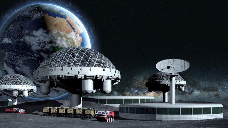 艺术家描绘的月球基地和远处的地球。帕维尔Chagochkin / Shutterstock.com