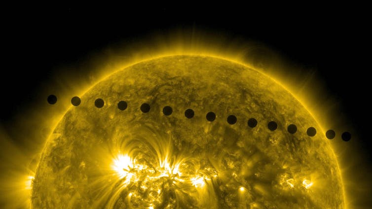 2012年6月5日至6日，美国宇航局的太阳能动力学天文台收集了一个最稀有的可预测的太阳能事件之一：金星的过境在太阳的脸上。NASA / SDO，AIA
