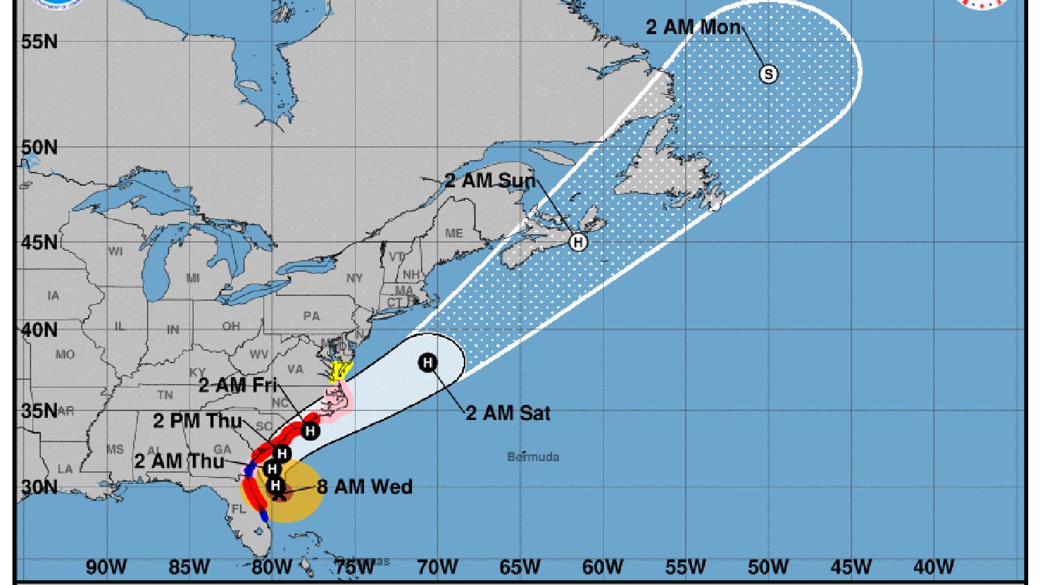 飓风多里安的计划路径图。