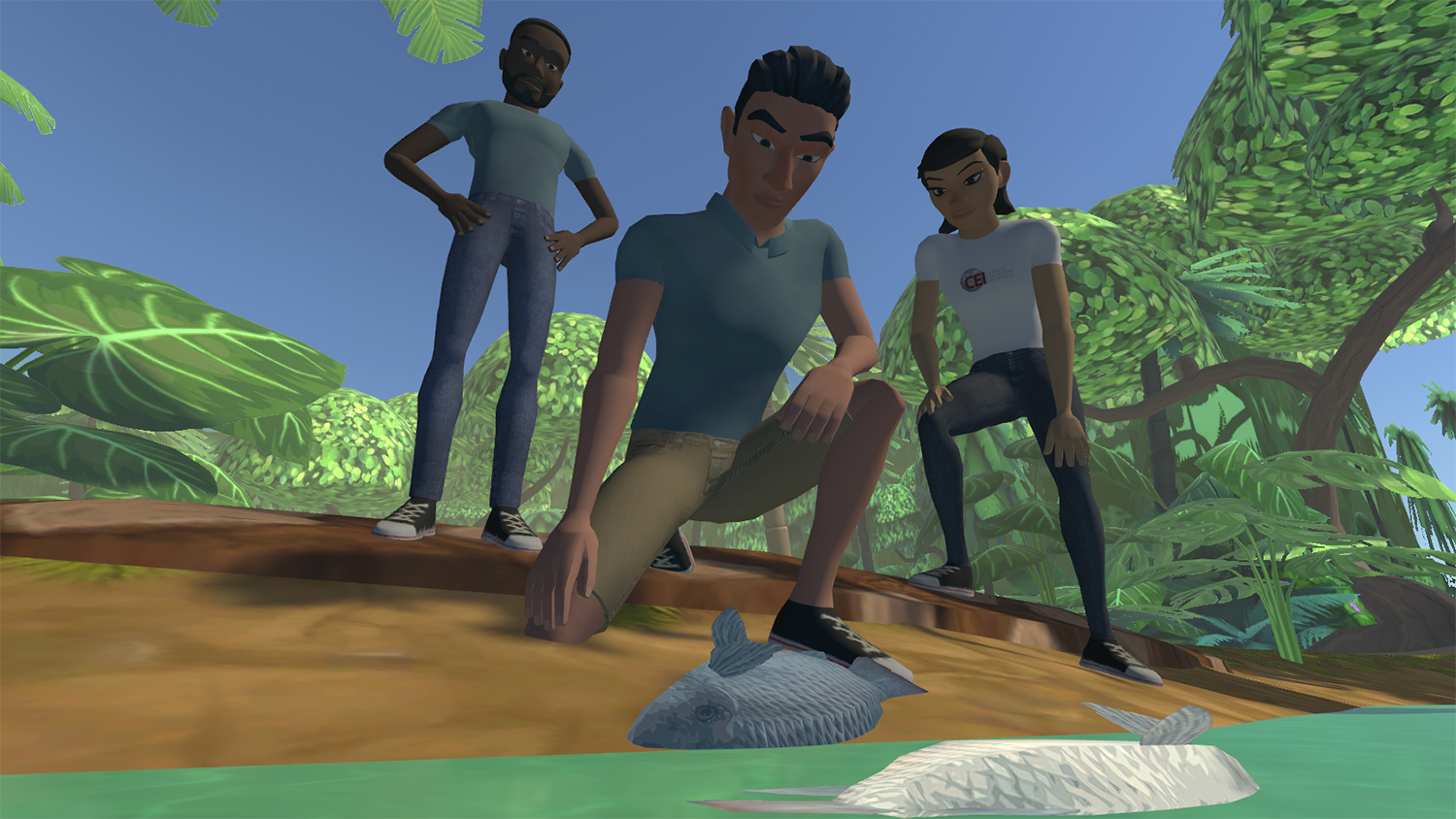 审查水路的三个年轻人的电子游戏图象