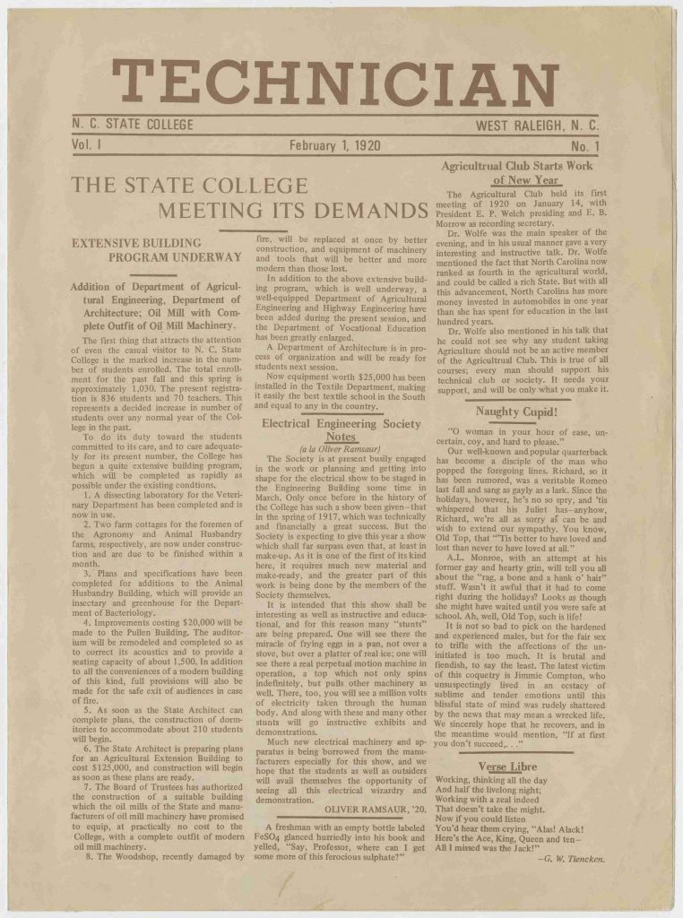 第1页第一个技术人员，NC州立学生报纸。