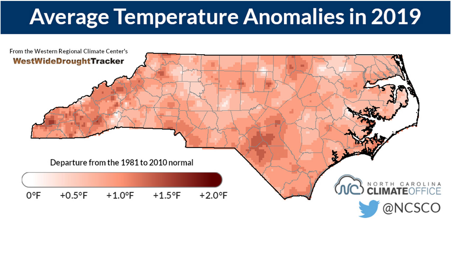 显示2019年北卡罗来纳州平均气温的地图插图