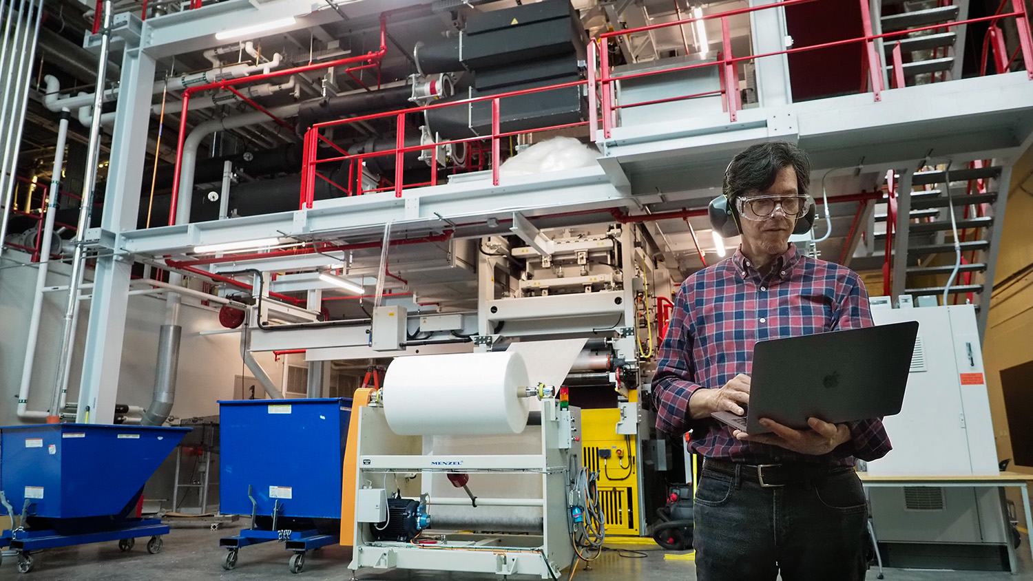 Photo of mask material production line in NC State's Nonwovens Institute.