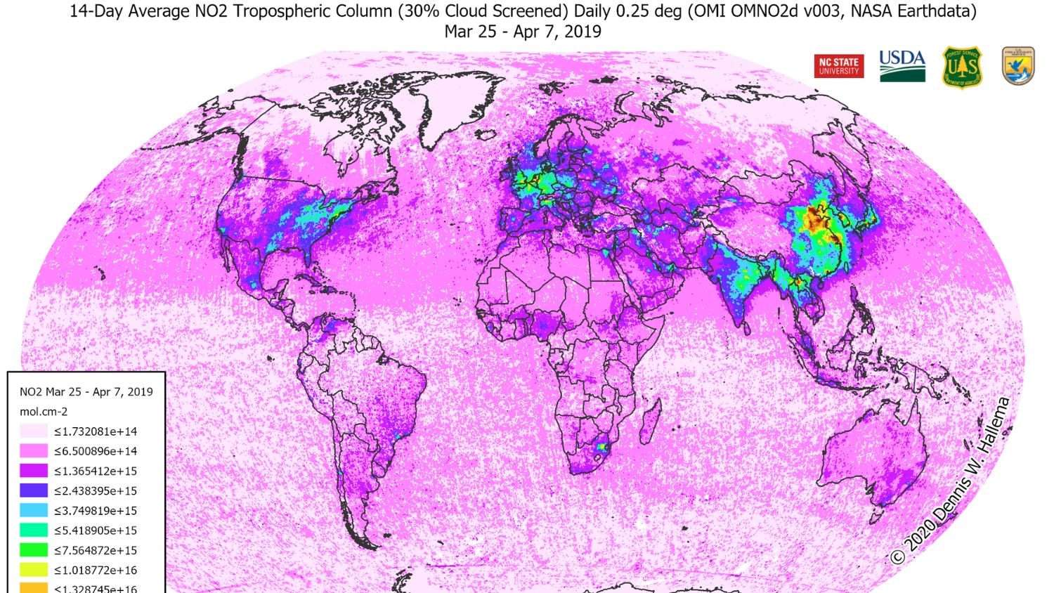 2020年氮二氧化氮空气污染世界地图。