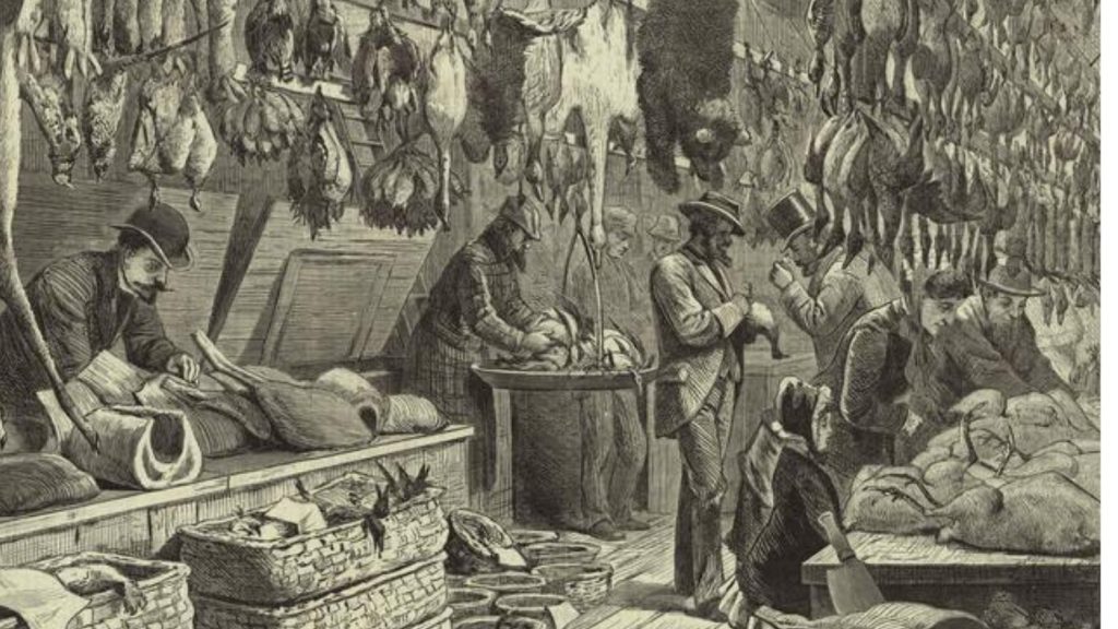 '圣诞节季节'1878年，亚瑟Burdett Frost在纽约市的富尔顿市场展示了熊，鹿和许多类型的鸟类的野生游戏站立的雕刻。nypl.