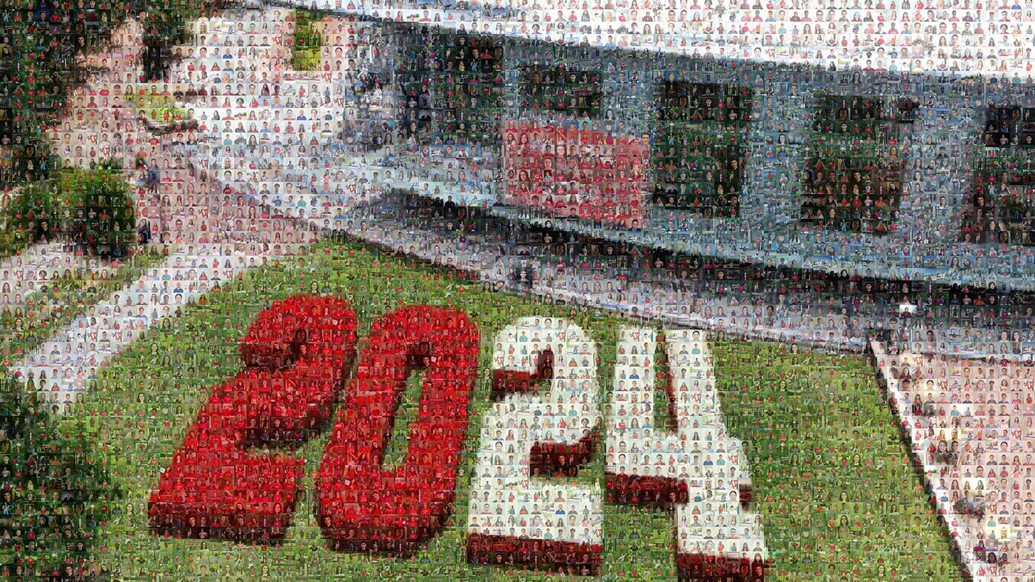在塔利学生会前的斯塔福德下院，2024届学生的照片以“2024”这个数字拼成马赛克