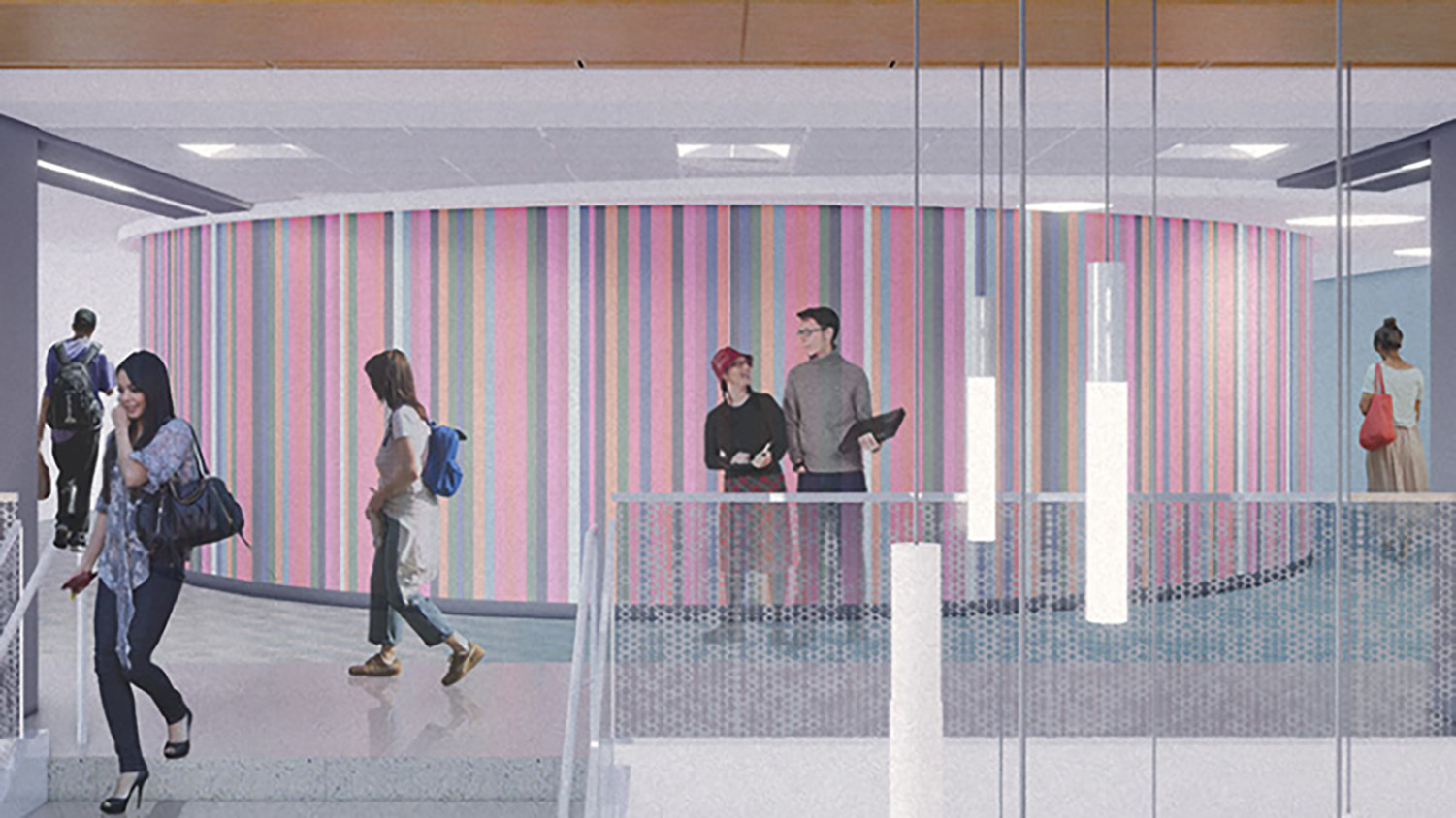 渲染显示学生走过可视化工作室的圆形墙壁