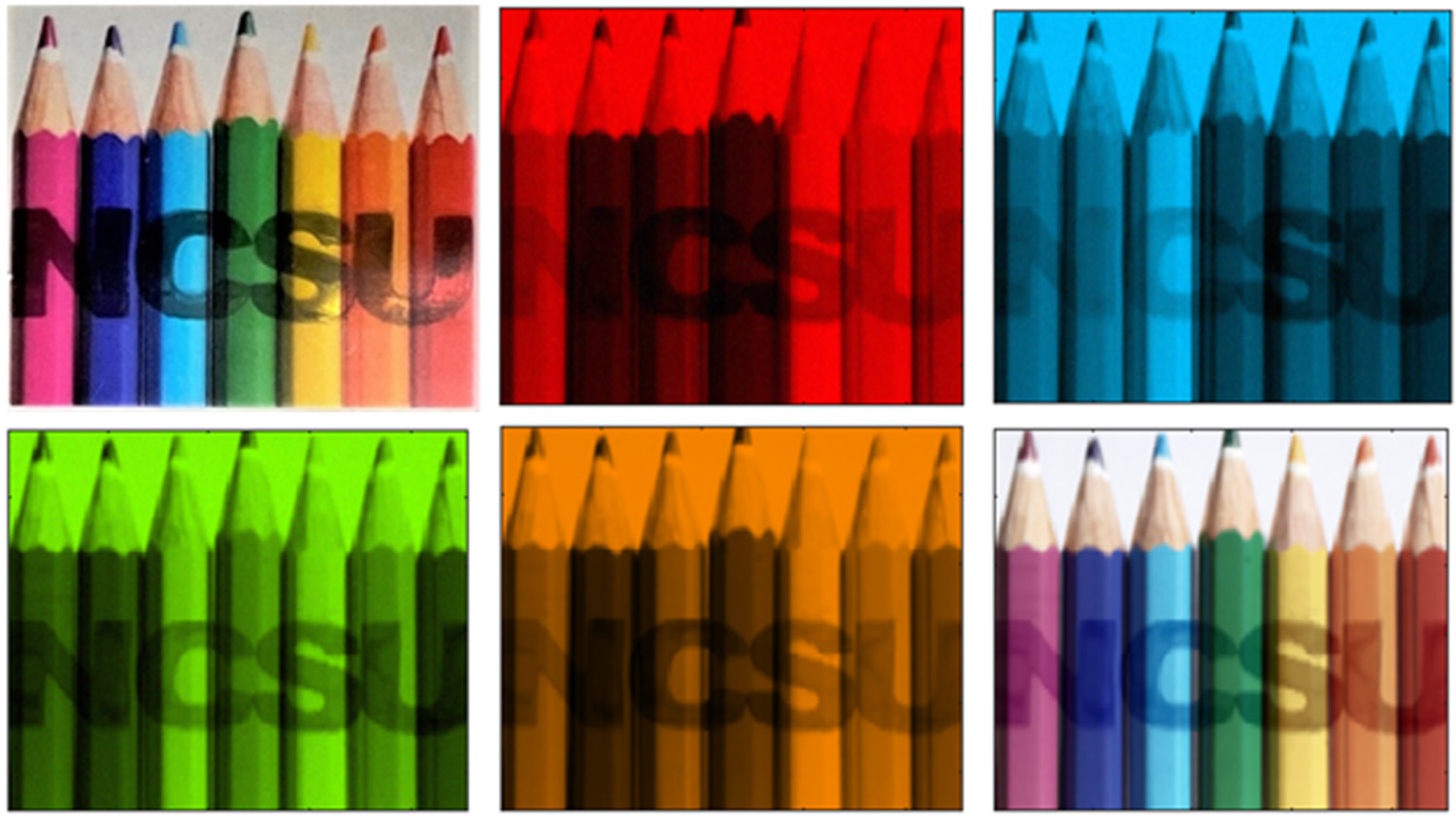 此图像显示了包含具有不同颜色的对象的场景的光谱成像，以及包含不同偏振状态的NCSU字母。