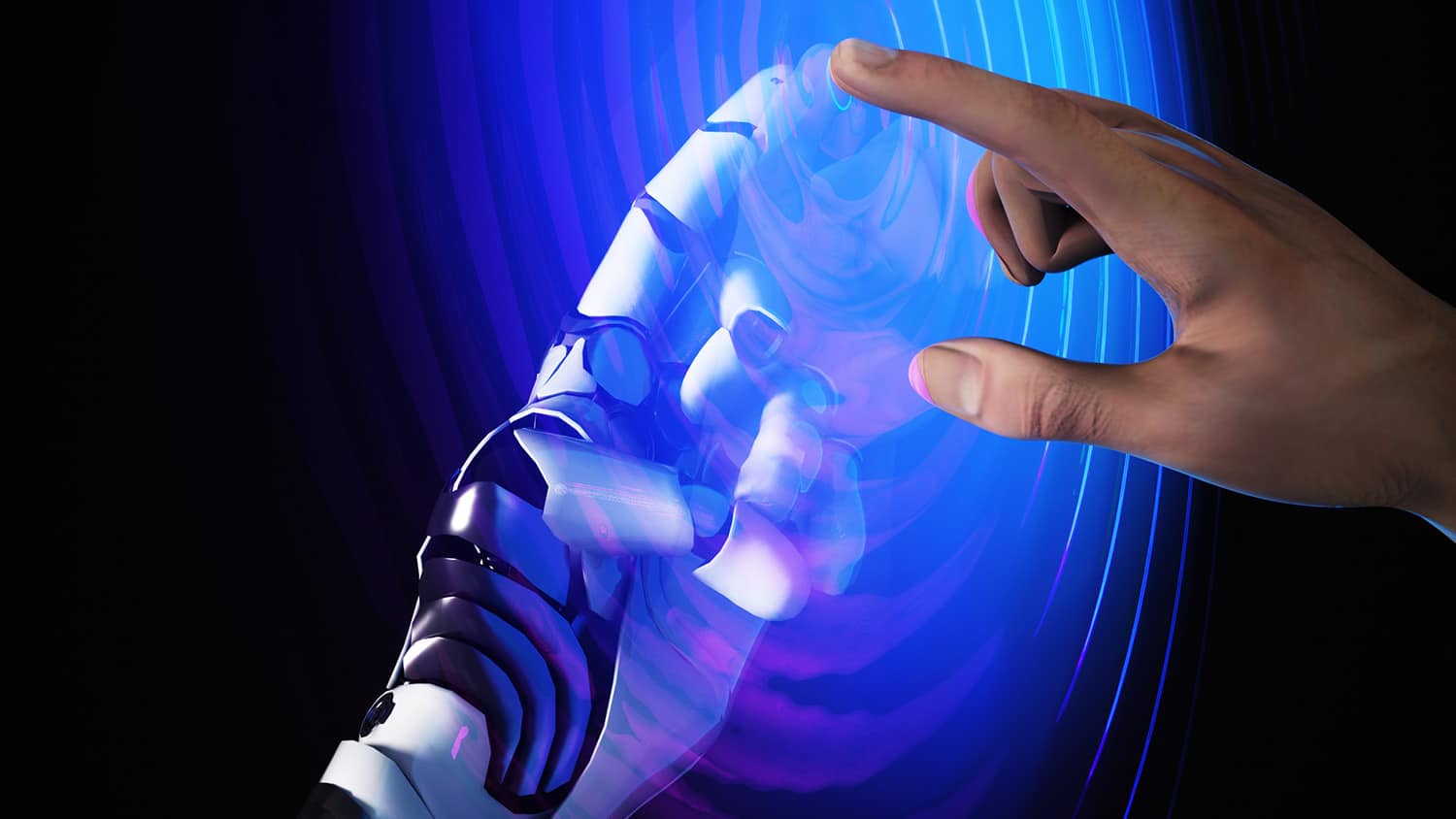 人的手和机器人的手通过液体表面接触