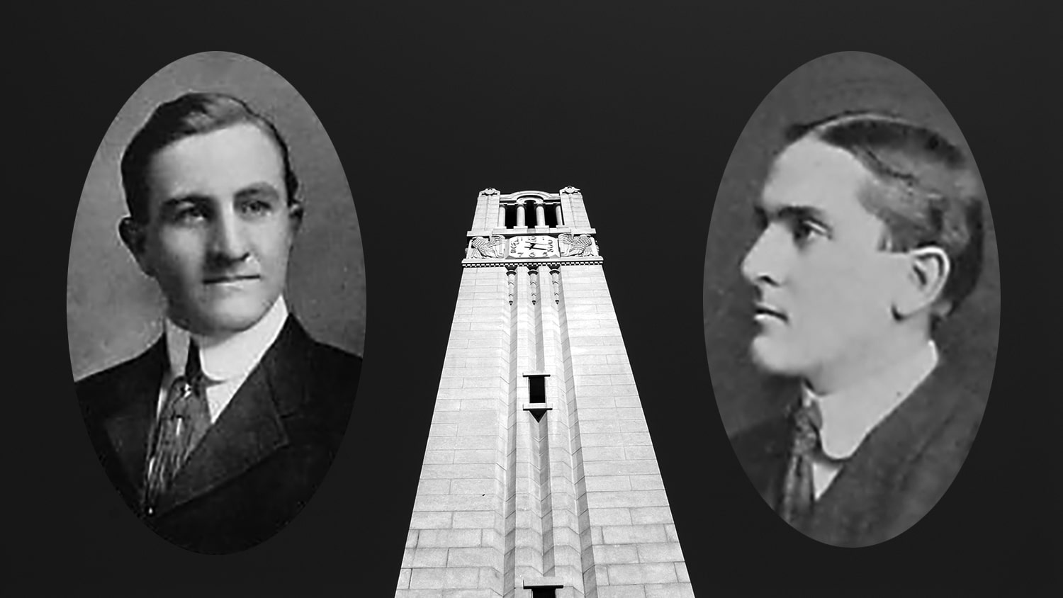 校友万斯·赛克斯(Vance Sykes)和弗兰克·汤普森(Frank Thompson)的档案照片与钟楼的图像形成对比。