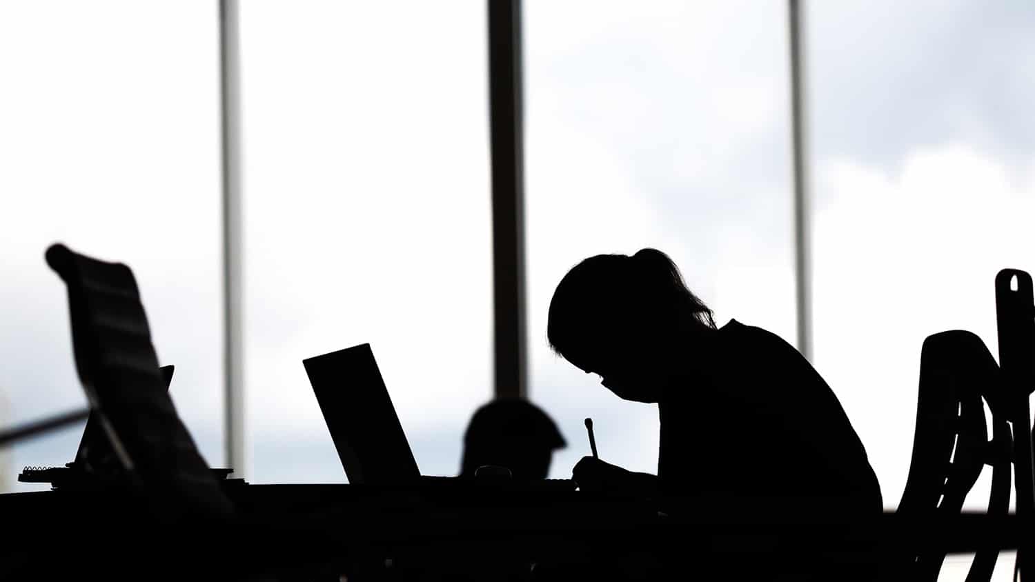 在大窗户前，一个背光学生在亨特图书馆的计算机上工作。