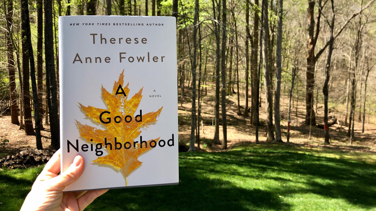 在一片树林外，一只手拿着特蕾莎·安妮·福勒的书《好邻居》。