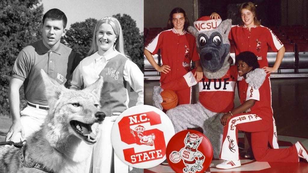 复古照片显示学生运动员穿着北卡州立大学的服装。