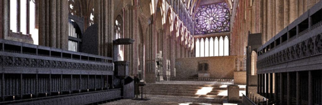 现实主义者ic computer illustration of the interior of St. Paul's Cathedral as it would have looked in 1622 if one were standing near the choir and looking toward the altar.