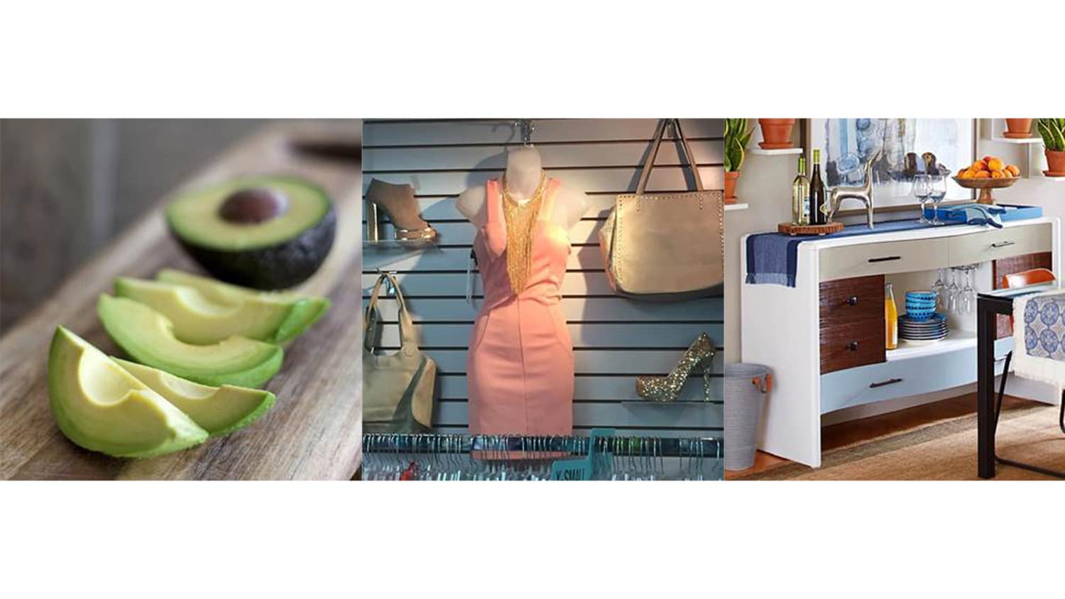 图像包含三张照片:左侧为片形acado中心是商店内服装集合右侧是组织完善的表件集合
