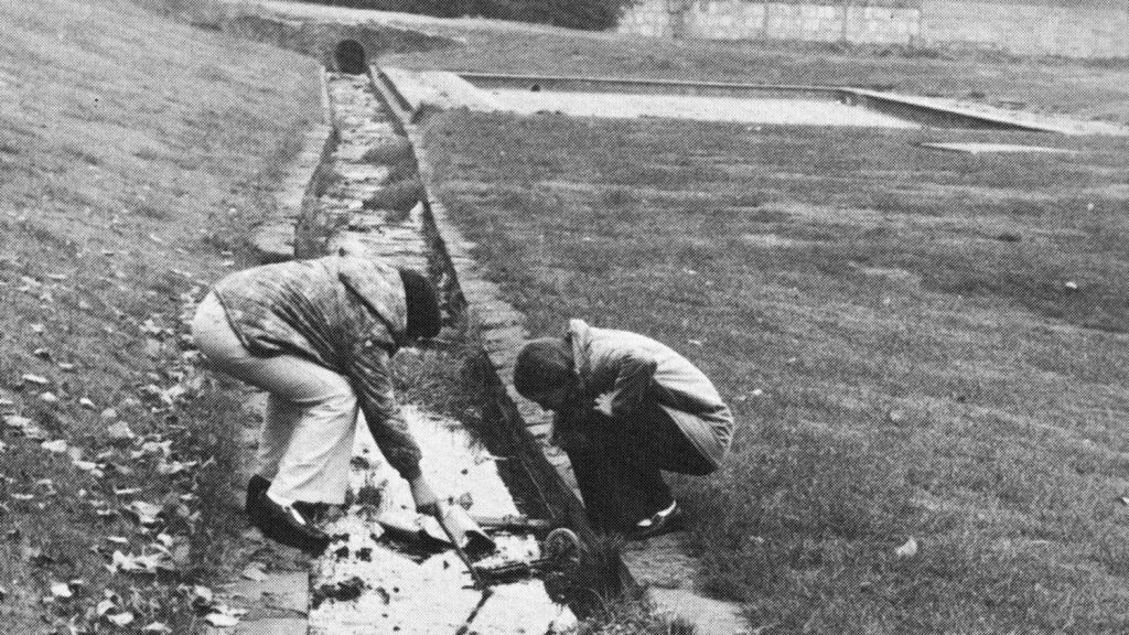 两个女孩在排水沟的浅水里寻找“摆动的东西”。