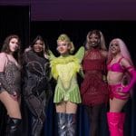 Five performers pose in costume after the Dinner and Drag event.