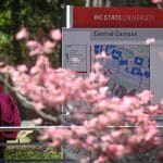 A student walks on main campus near Wolf Plaza during the spring.