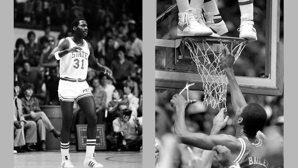 1983年北卡州立大学男子篮球队队员的黑白照片