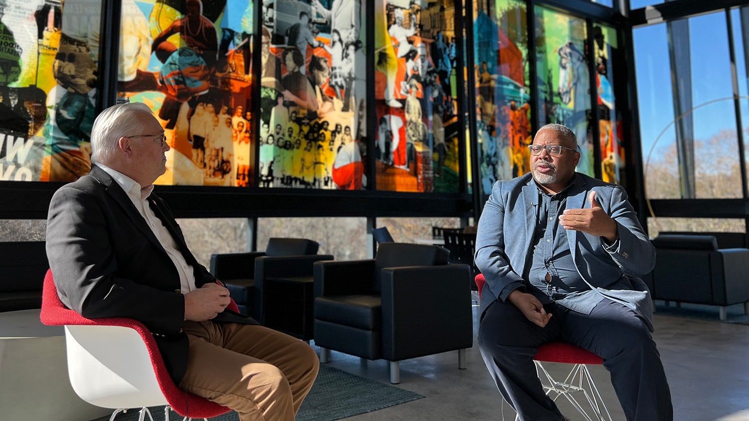 Chancellor Randy Woodson records an episode of Red Chair Chats with College of Design professor Kofi Boone.