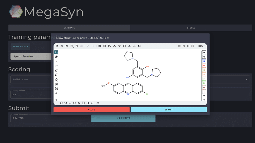 MegaSyn程序的用户界面显示了化合物的结构。