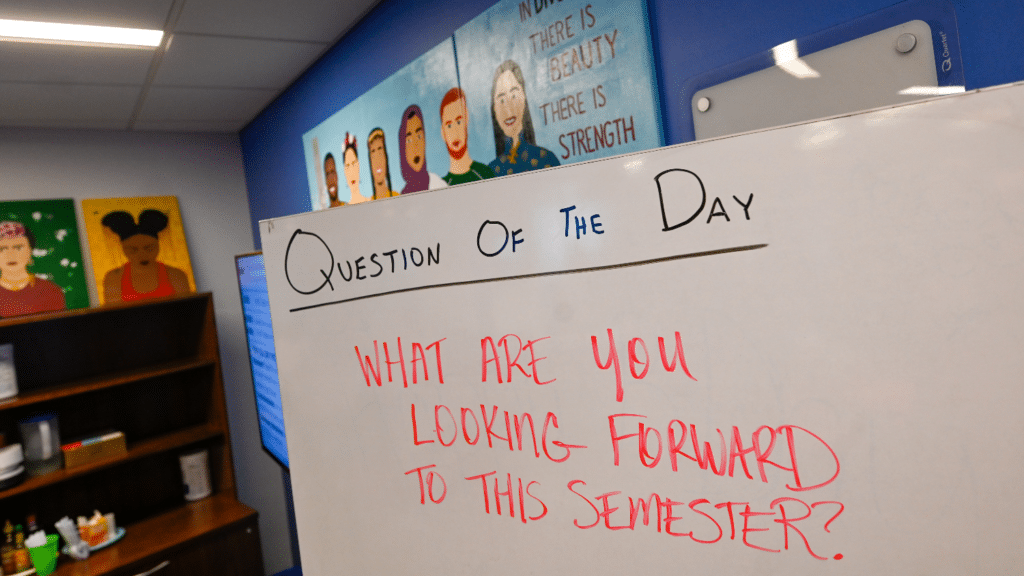 In the office of Multicultural Student Affairs, the question of the day board reads, 