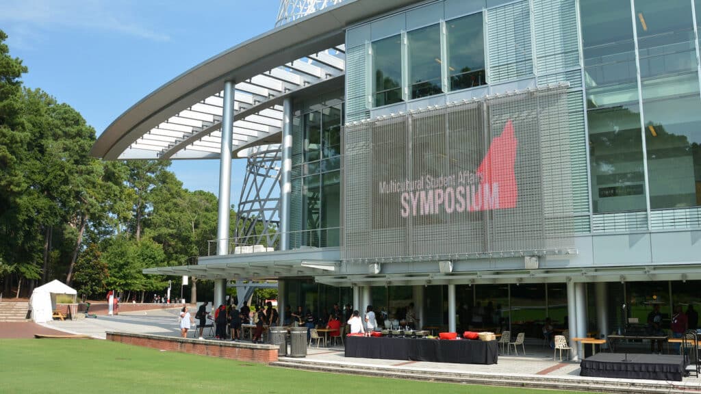 The screen outside of Talley Student Union welcomes students to the 2021 Symposium for Multicultural Scholars.