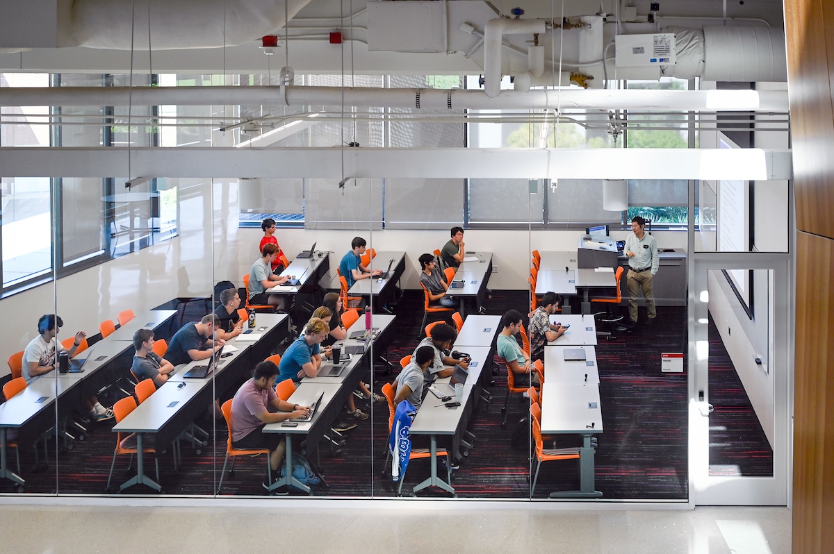 Engineering students participate in a class in Fitts-Woolard Hall on Centennial Campus.