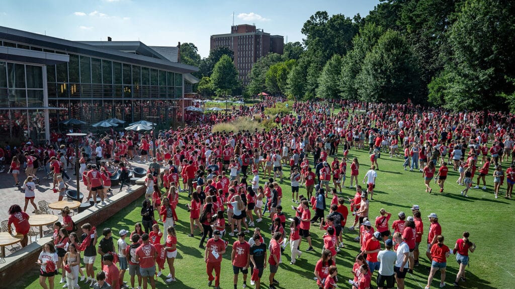 A large number of students gather on Stafford Commons.