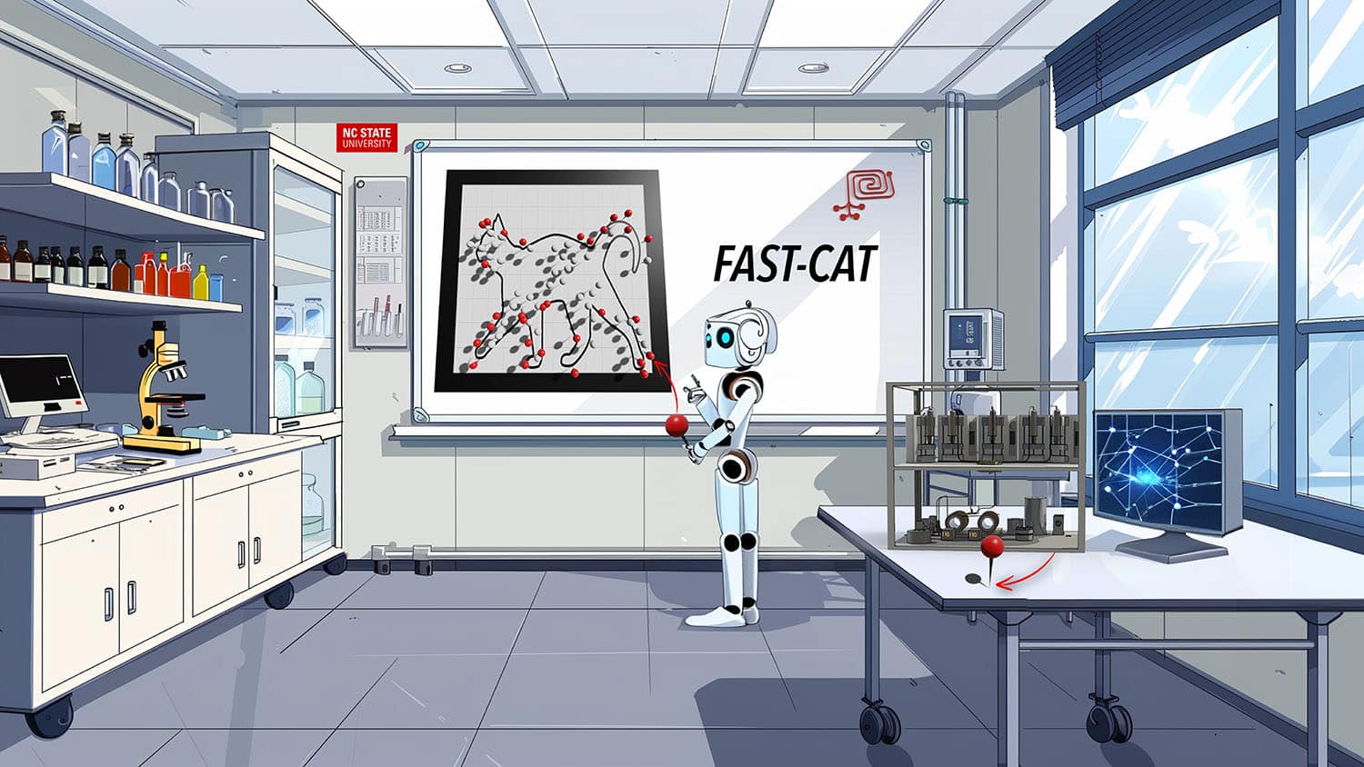 图像显示机器人实验室,站在白板前显示各种催化反应