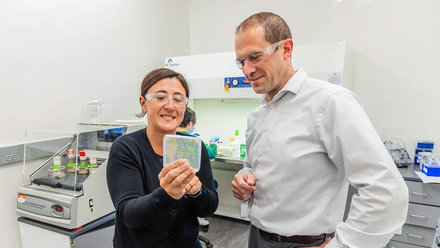 Ross Sozzani左转Jacob Jones研究植物样本